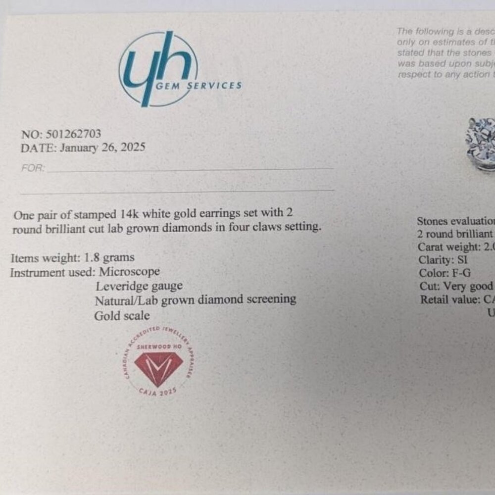 14K White Gold 1.8G Lab Diamond 2Ct Earrings - Picture 3 of 5